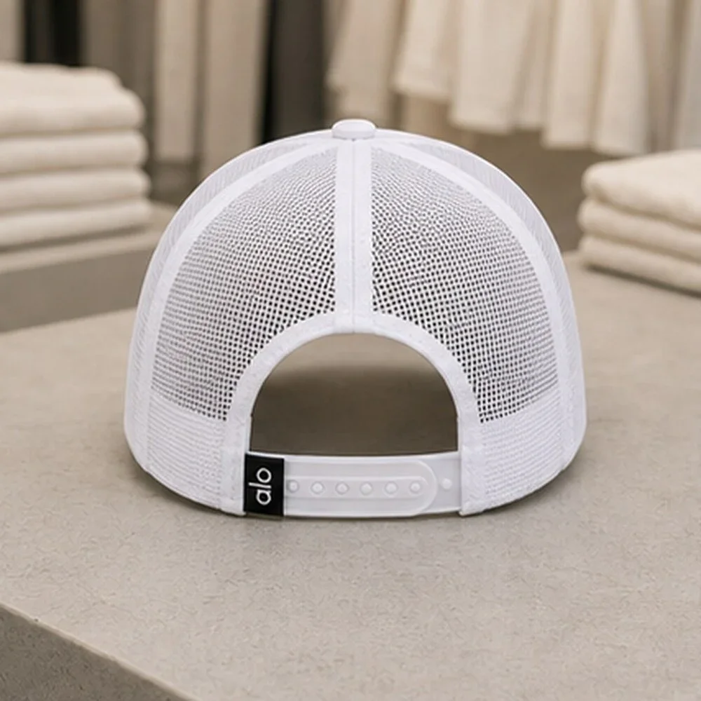 ALO Yoga White Black Travel Mesh Trucker Cap Hat Sporty